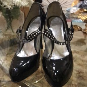 Ruthie Davis Black Patent Leather Mary Jane Studded Heels